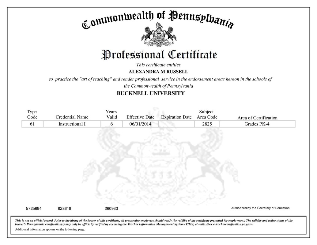 Certification Alexandra Russell #39 s Teaching Portfolio